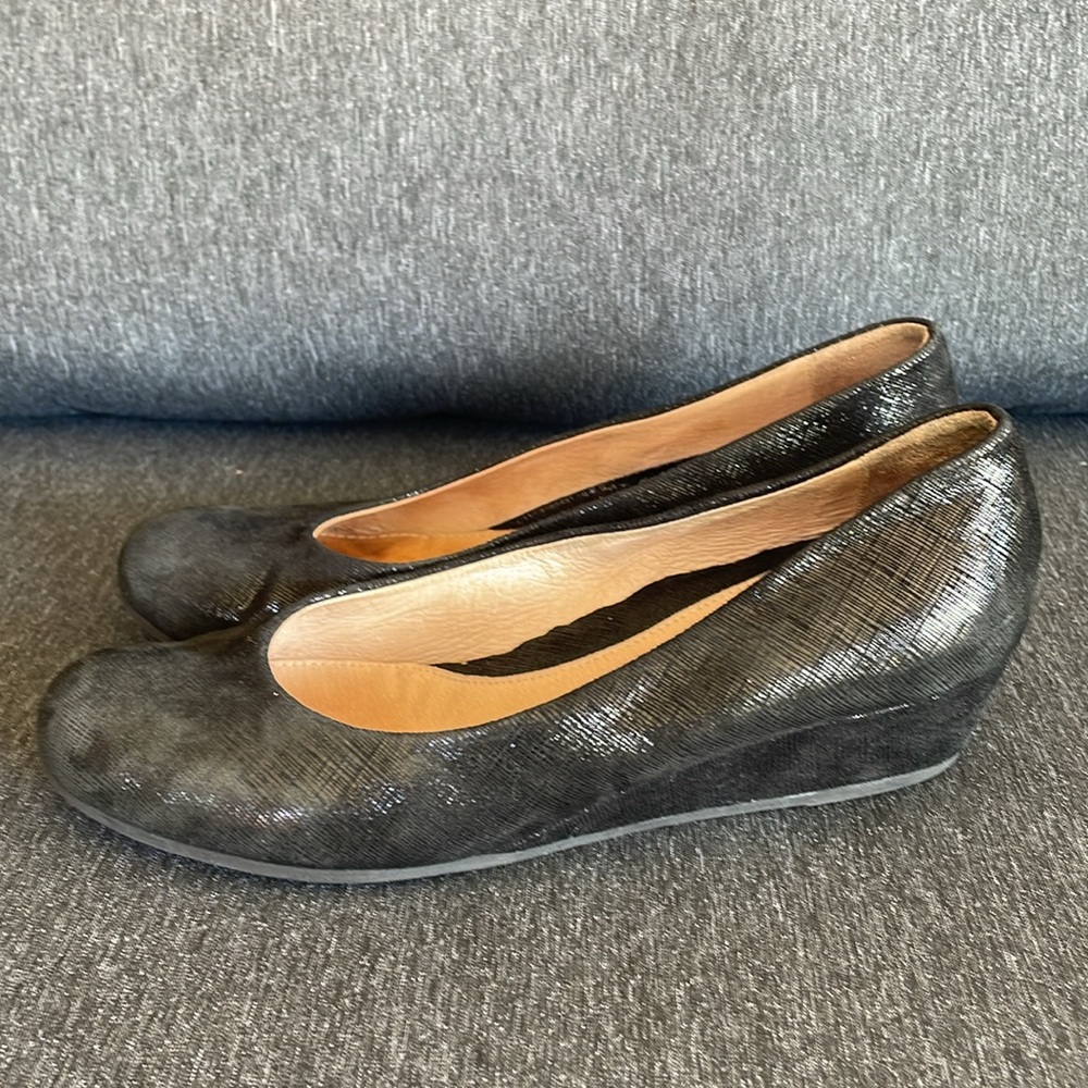 French Sole Black Shimmer Wedge Pumps